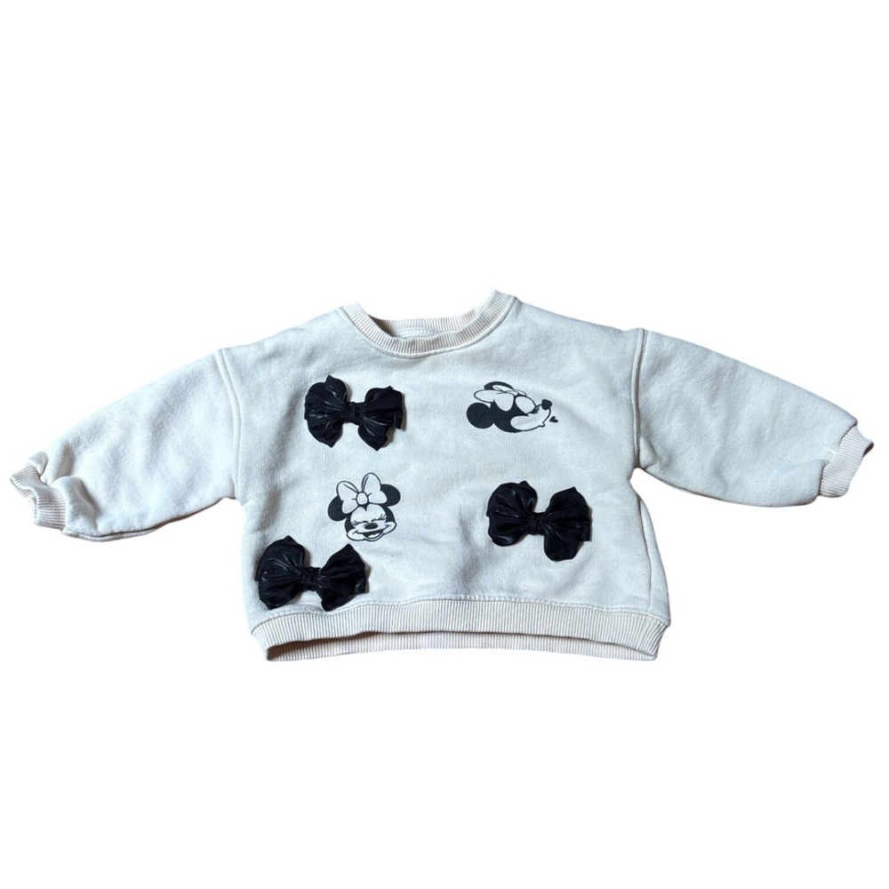 Zara Minnie Mouse Sweatshirt Girls Cream 3D Bow Graphic Pullover SIZE 2